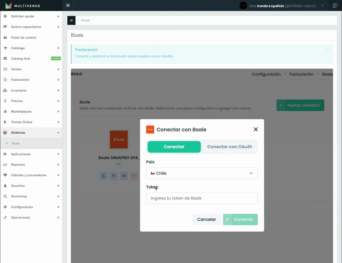Ventana Conectar con Bsale con las pestañas Conectar y Conectar con OAuth