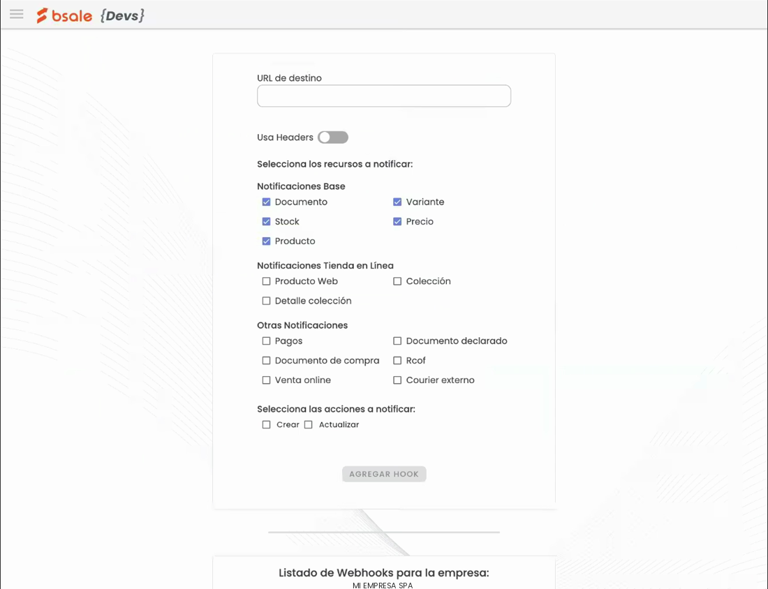 Formulario de webhooks en account.bsale.dev con la URL de destino, los recursos y las acciones