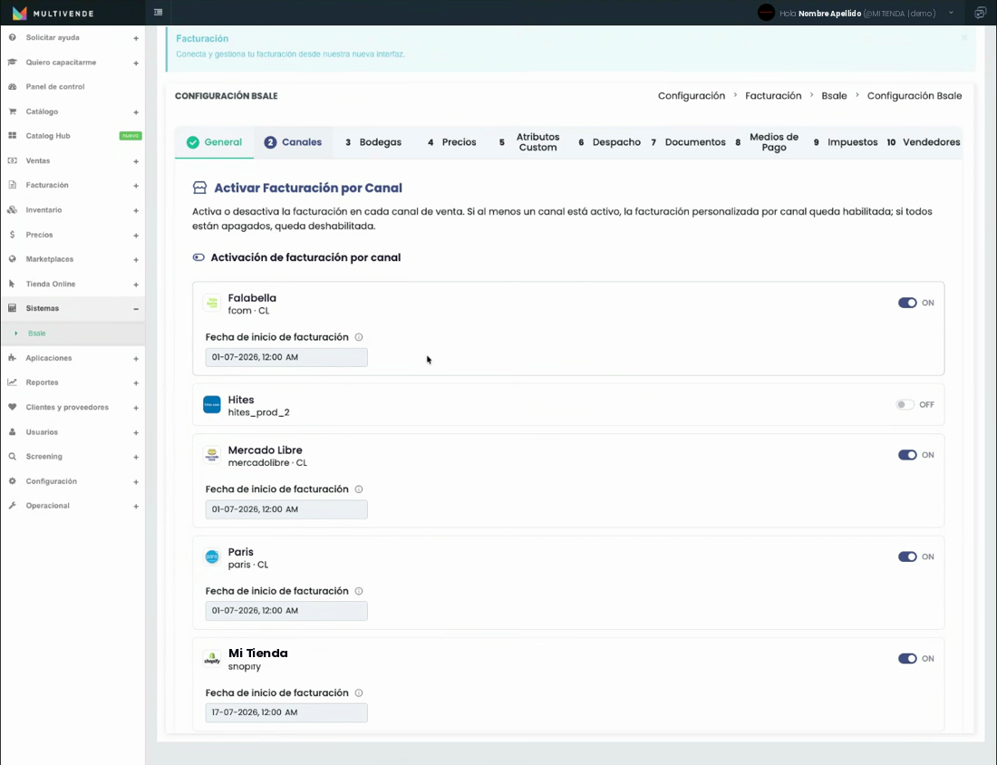 Paso 2 Canales con el interruptor de facturación y la fecha de inicio de facturación