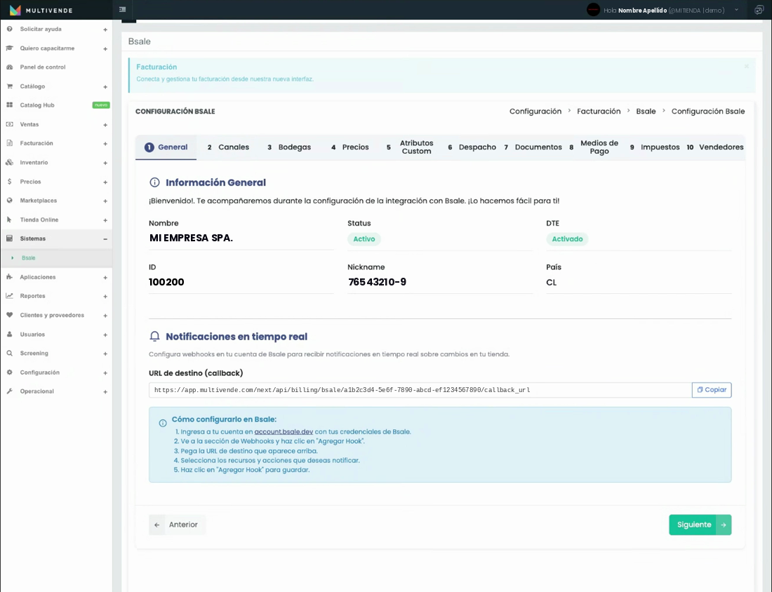 Paso 1 General con la información de la empresa en Bsale y la URL de destino (callback)